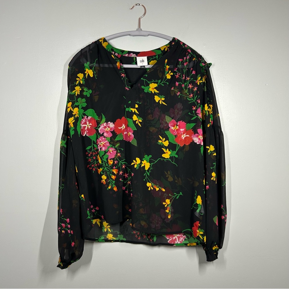 Cabi black floral sheer long sleeve business casual blouse size small